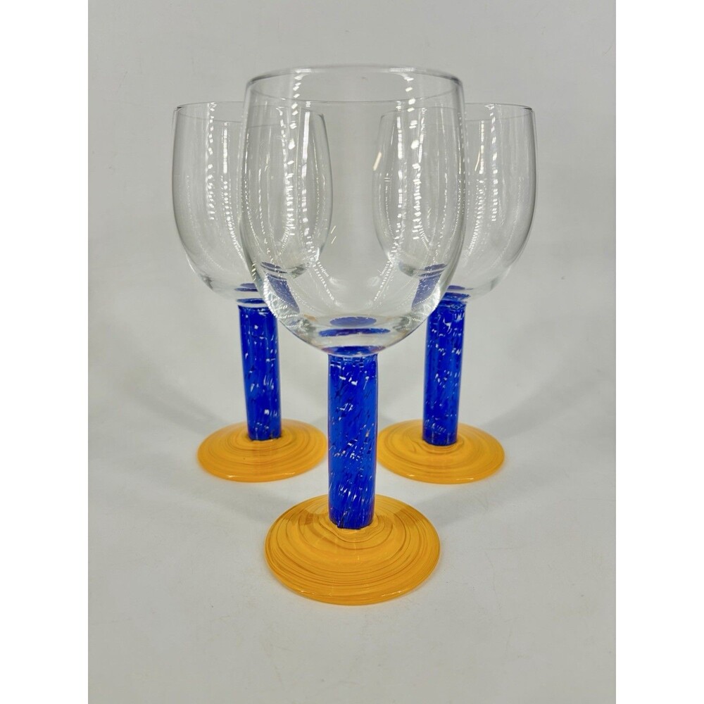 Set of 3 Dansk Caribe Wine Glasses Orange/yellow Blue Swirl Blow Glass